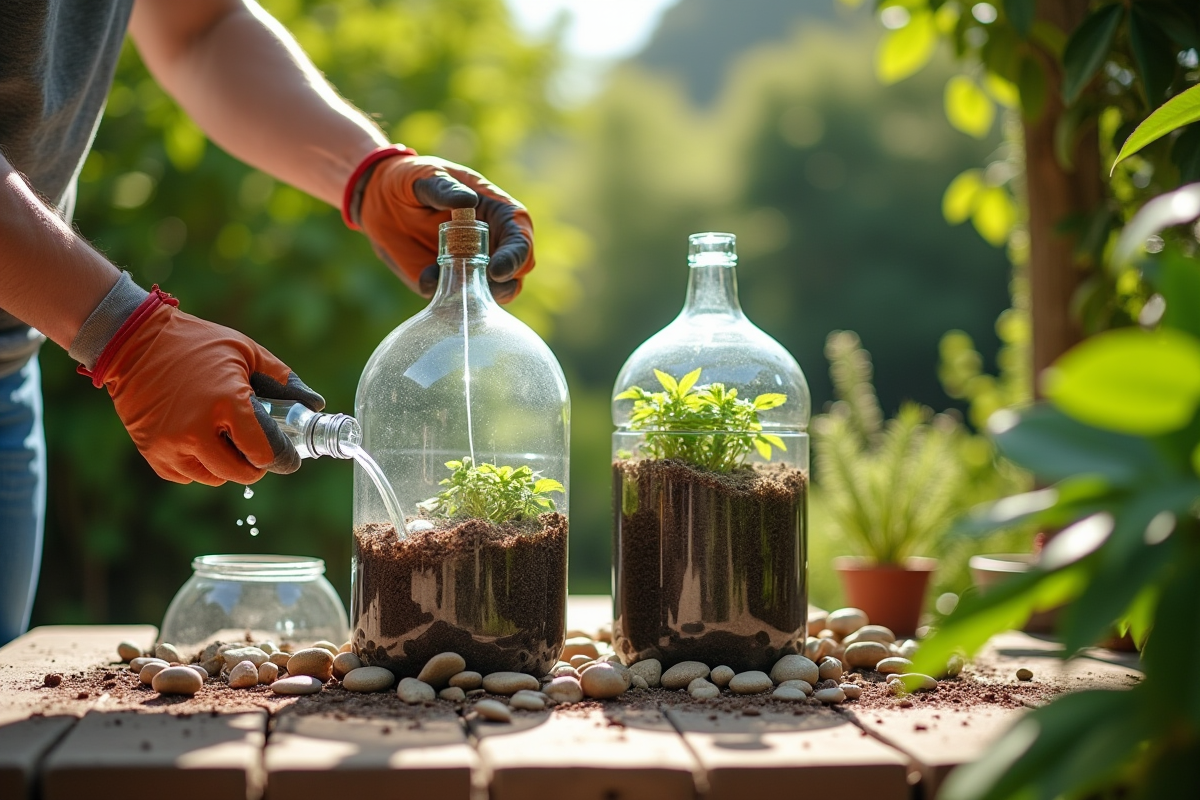 Mains assemblant un filtre à eau écologique avec bouteilles recyclées