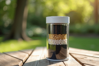 Filtre à eau cylindrique ouvert avec matériaux naturels en extérieur