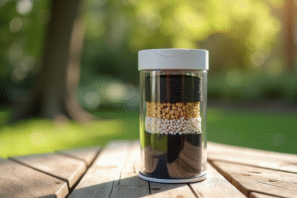 Filtre à eau cylindrique ouvert avec matériaux naturels en extérieur