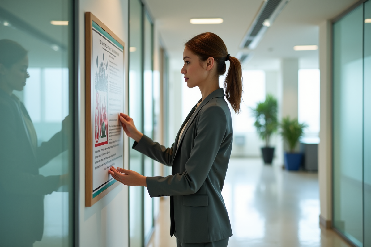 Jeune femme affichant une affiche de prevention incendie dans un bureau