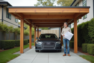 Homme avec plans devant un carport moderne en bois