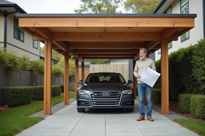 Homme avec plans devant un carport moderne en bois