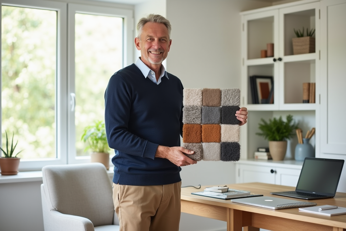 Homme présentant des échantillons de tapis dans un bureau lumineux