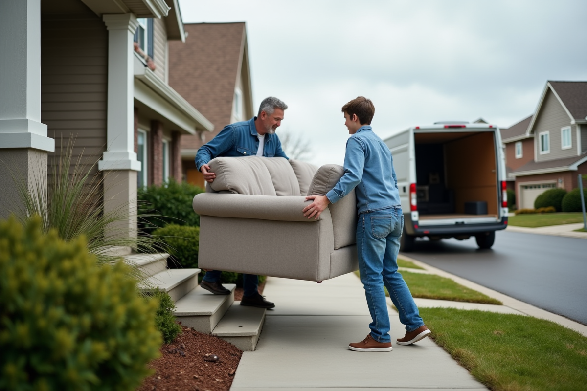 Homme et adolescent portant un canapé devant une maison de banlieue