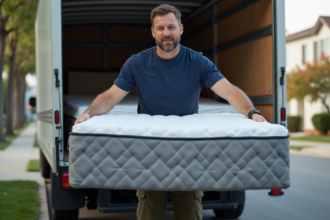 Homme guidant un matelas dans un camion de déménagement