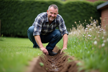 Homme en jeans creusant une tranchée dans le jardin