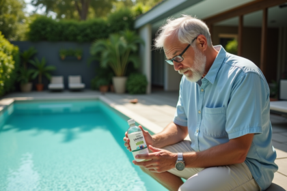 Homme lisant une bouteille de clarifiant naturel pour piscine