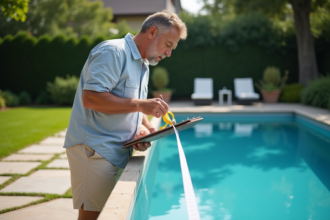 Homme mesurant une piscine dans un jardin en été