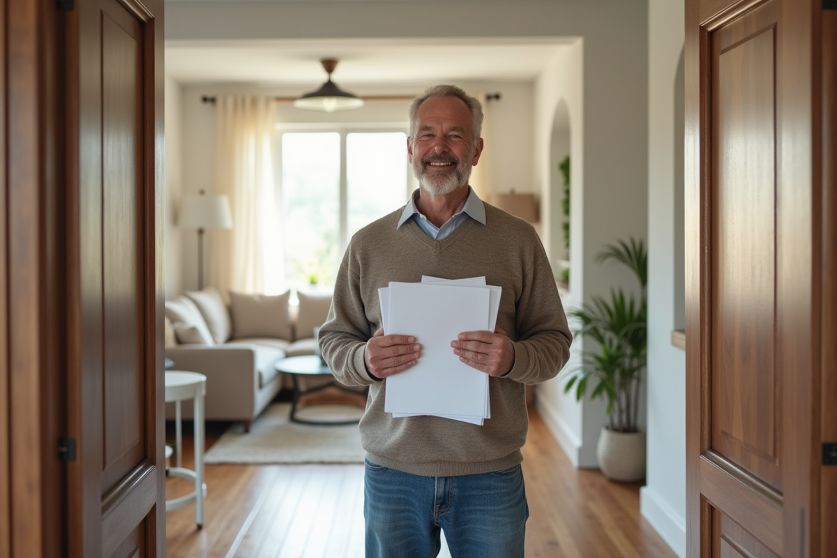 Homme souriant tenant des documents de renovation dans un salon moderne