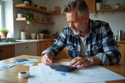 Homme d'âge moyen vérifiant plans de rénovation à la maison