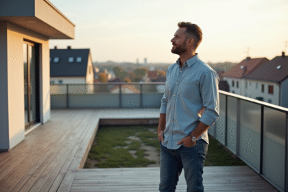 Homme d'âge moyen sur une terrasse urbaine moderne