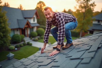 Homme d'âge moyen inspectant un toit moderne dans un quartier résidentiel