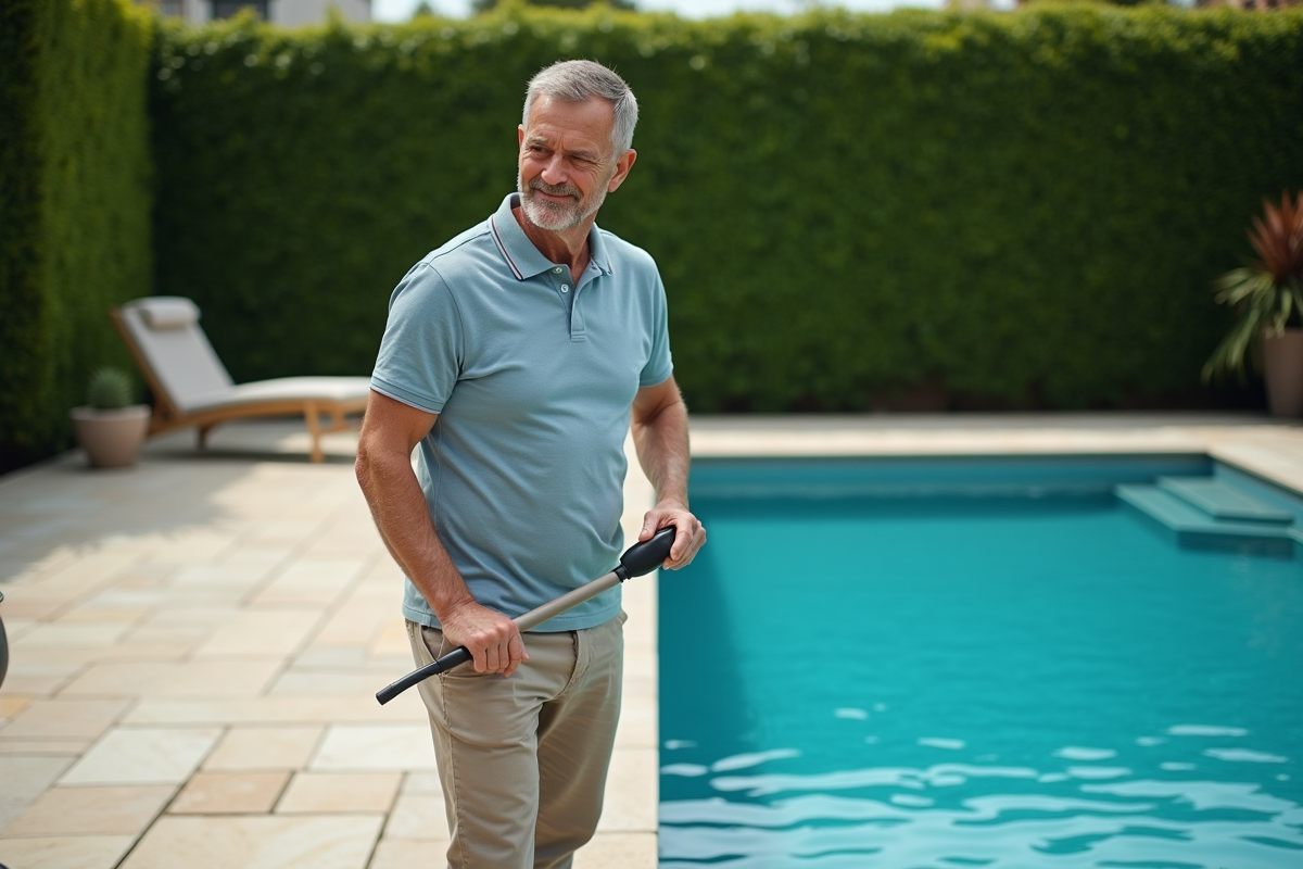 Homme testant l'eau de la piscine avec un épuisette