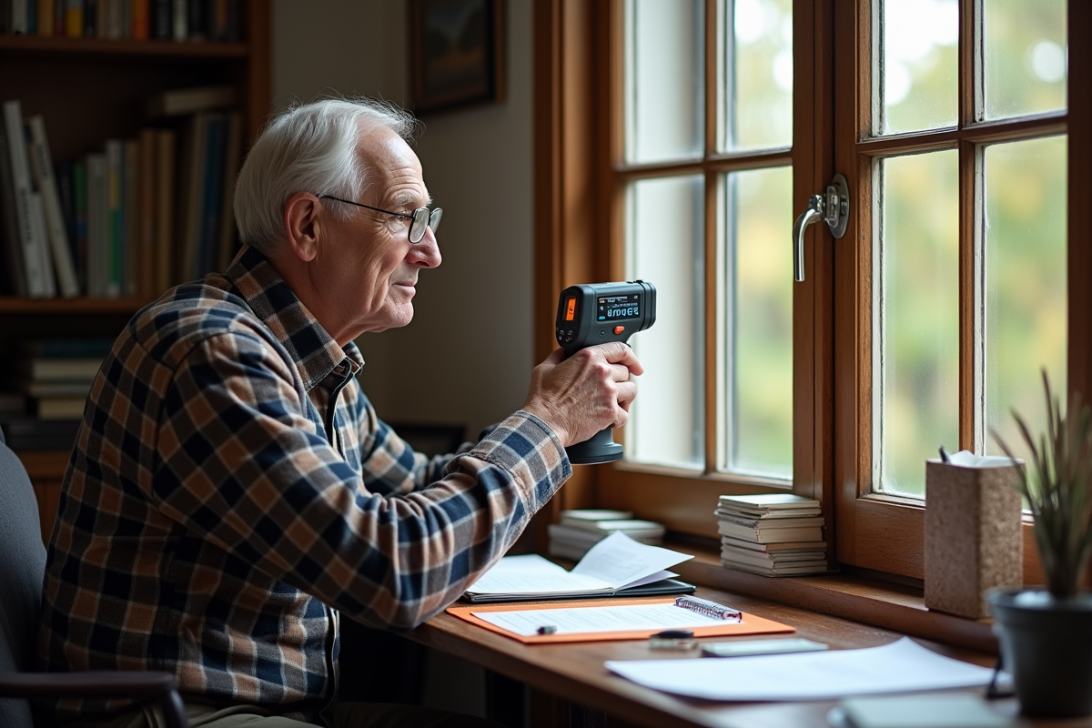Homme âgé mesurant la fenêtre avec un thermomètre dans un bureau traditionnel