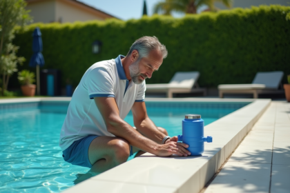 Homme d'âge moyen vérifiant l'eau de la piscine extérieure