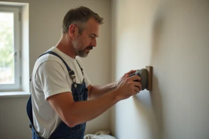 Homme en overalls ponçant un mur intérieur neuf