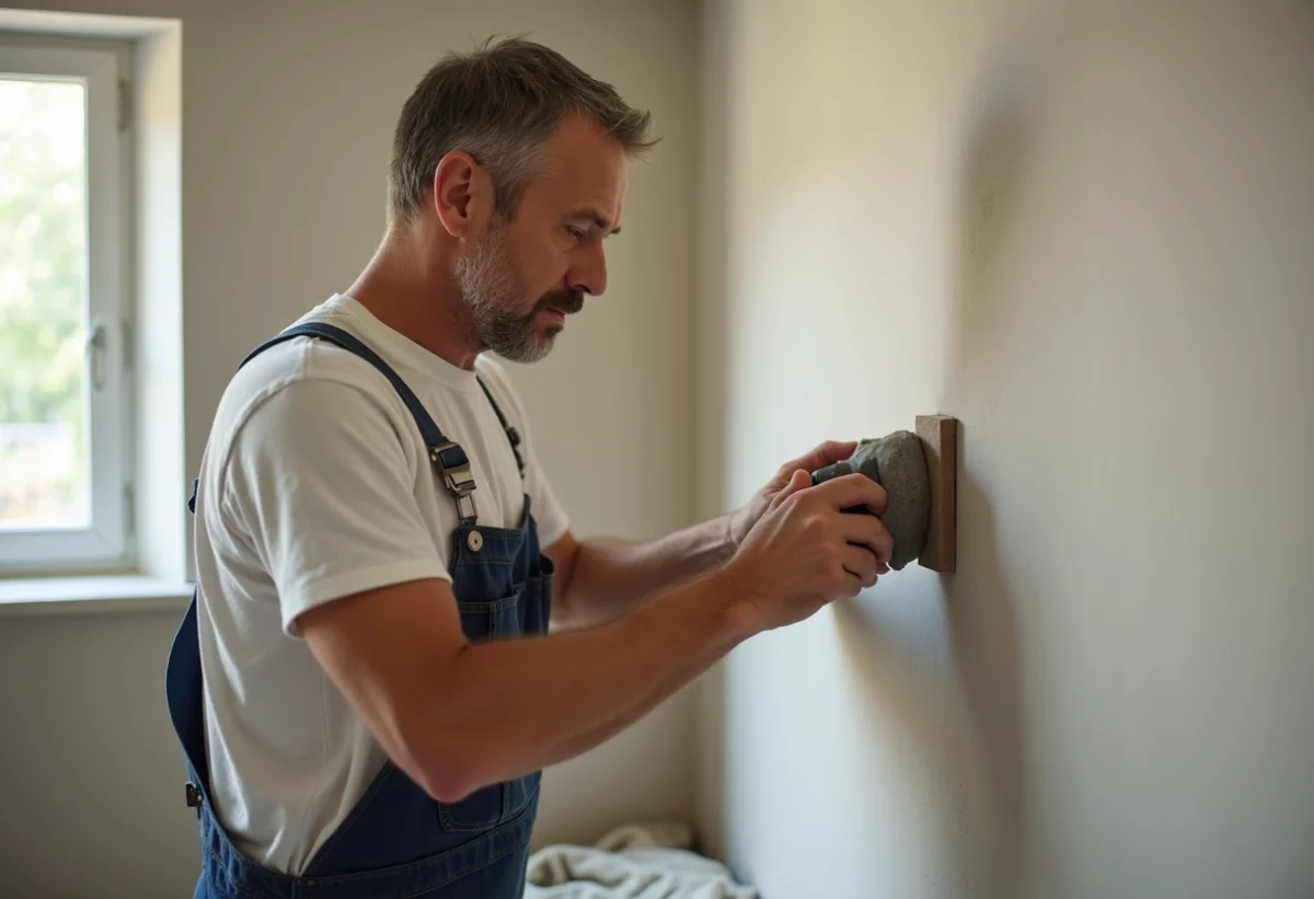Homme en overalls ponçant un mur intérieur neuf