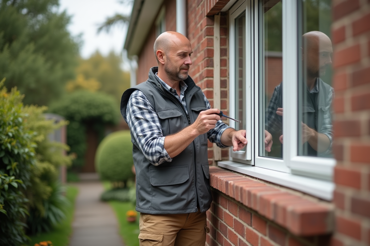 Installateur posant des volets de fenetre en extérieur