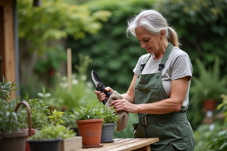 Femme jardiniere nettoyant ses outils de taille