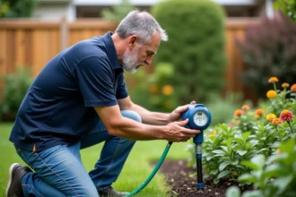 Homme d'âge moyen réglant un programmateur d'arrosage dans le jardin