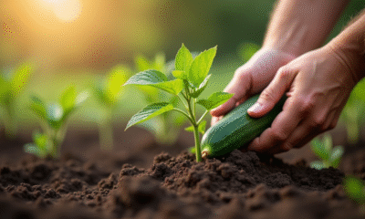 Mains de jardinier plantant des graines de concombre en sol riche