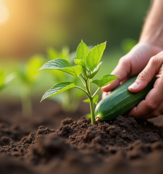 Mains de jardinier plantant des graines de concombre en sol riche