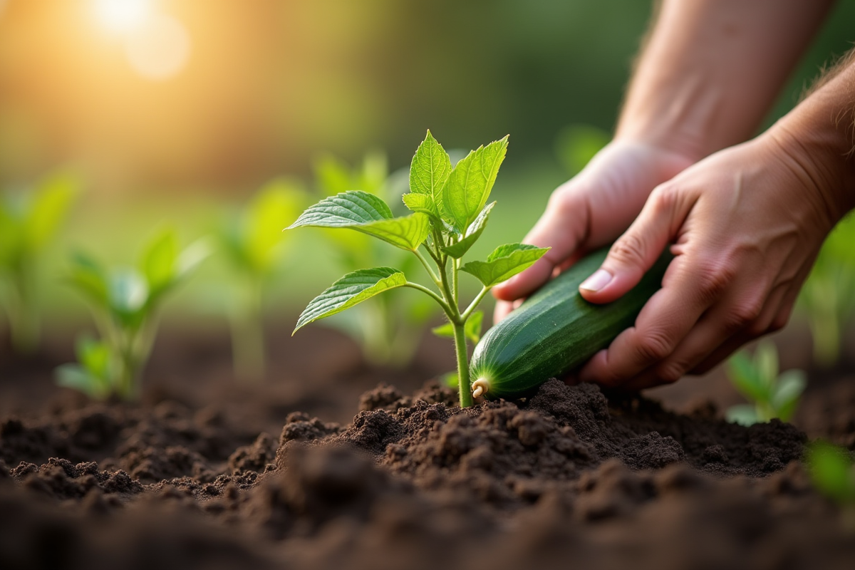 Mains de jardinier plantant des graines de concombre en sol riche