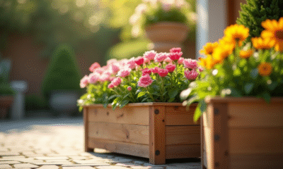 Jardinière en bois avec fleurs colorées en plein soleil