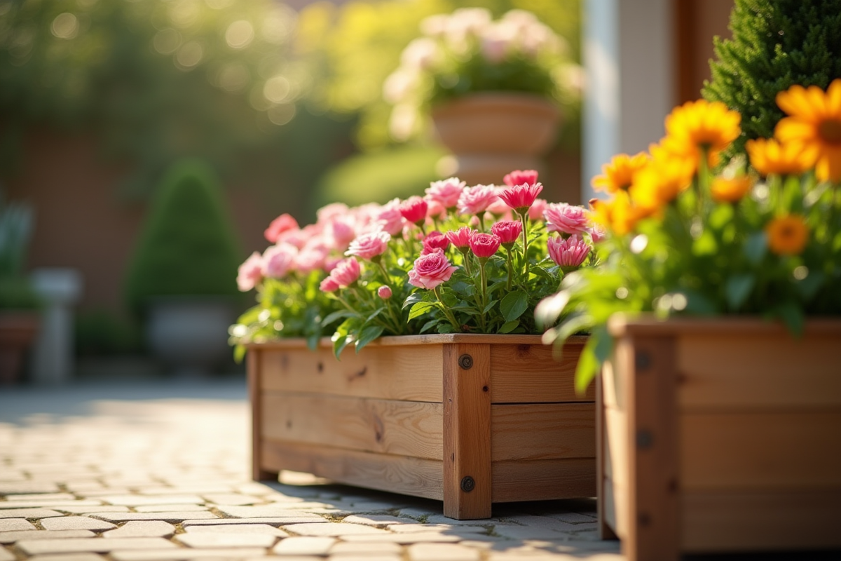 Jardinière en bois avec fleurs colorées en plein soleil