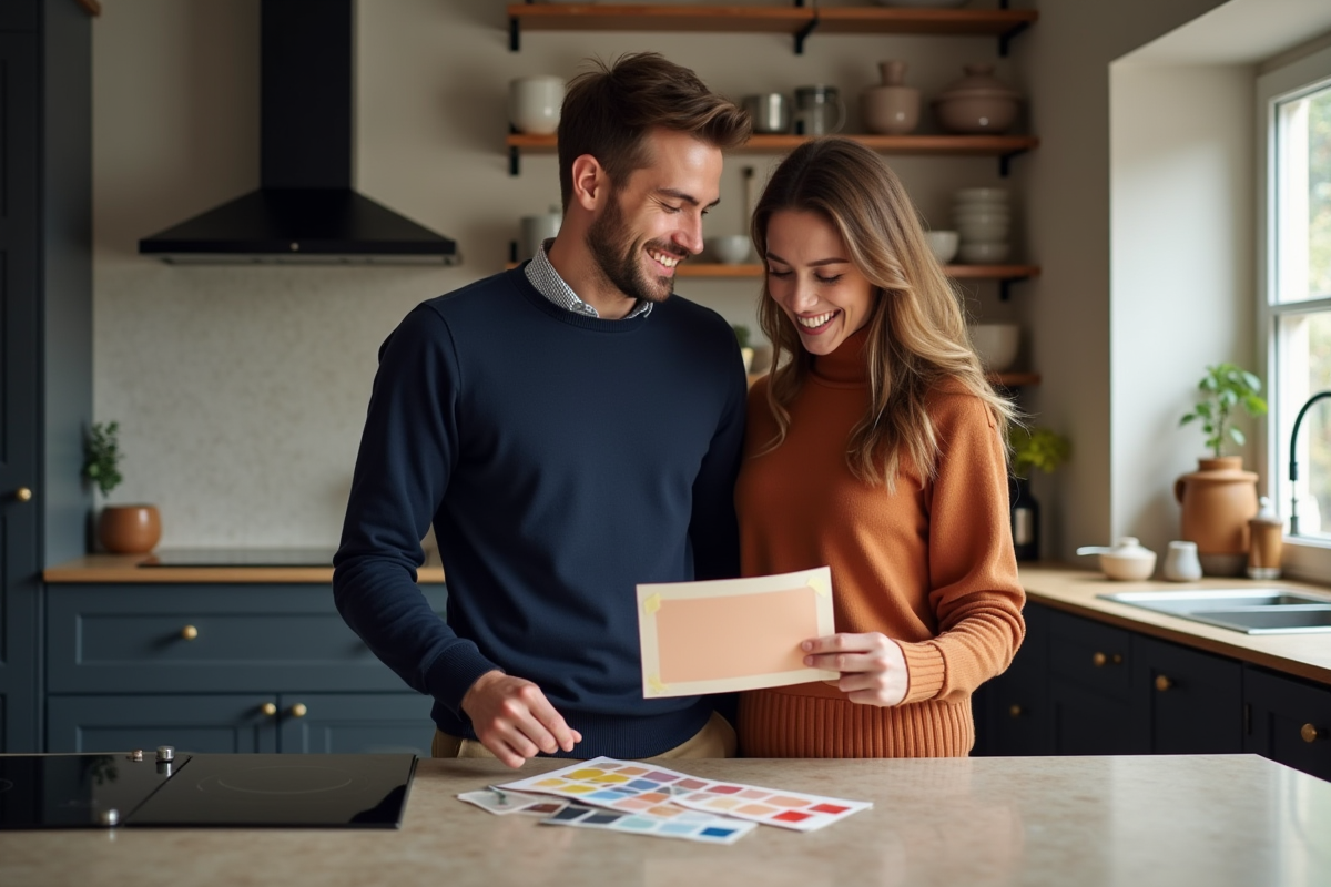 Jeune couple riant en examinant des échantillons de couleurs dans la cuisine