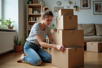 Jeune femme en train de sceller une box de déménagement dans un appartement