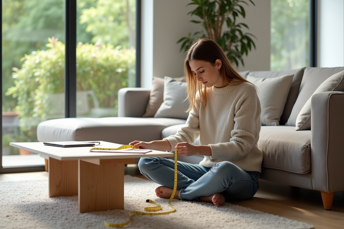 Jeune femme mesurant la hauteur d'une table en bois dans son salon