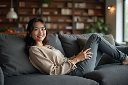 Jeune femme détendue sur canapé moderne dans un salon cosy