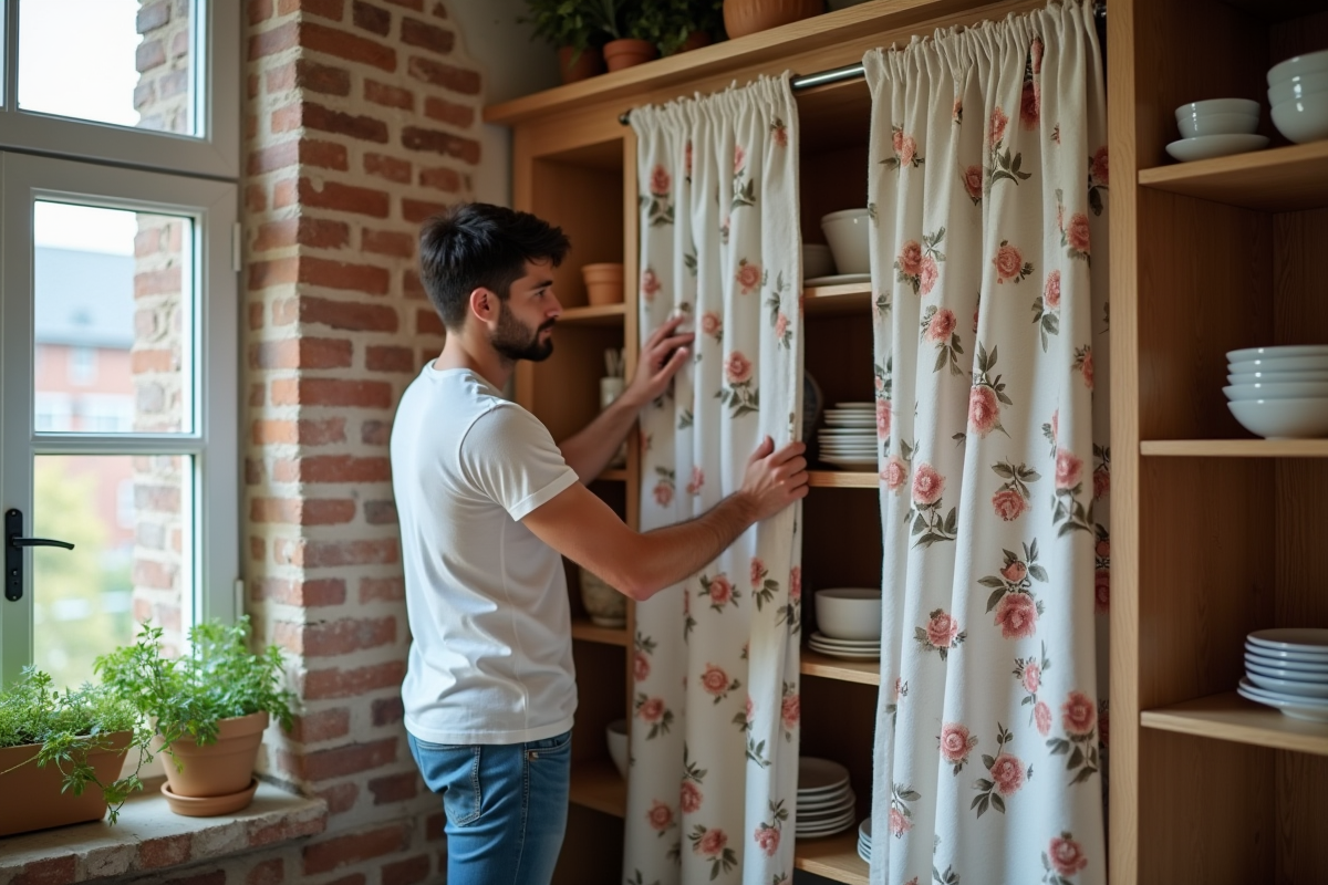 Jeune homme ajustant un rideau floral devant des étagères de cuisine