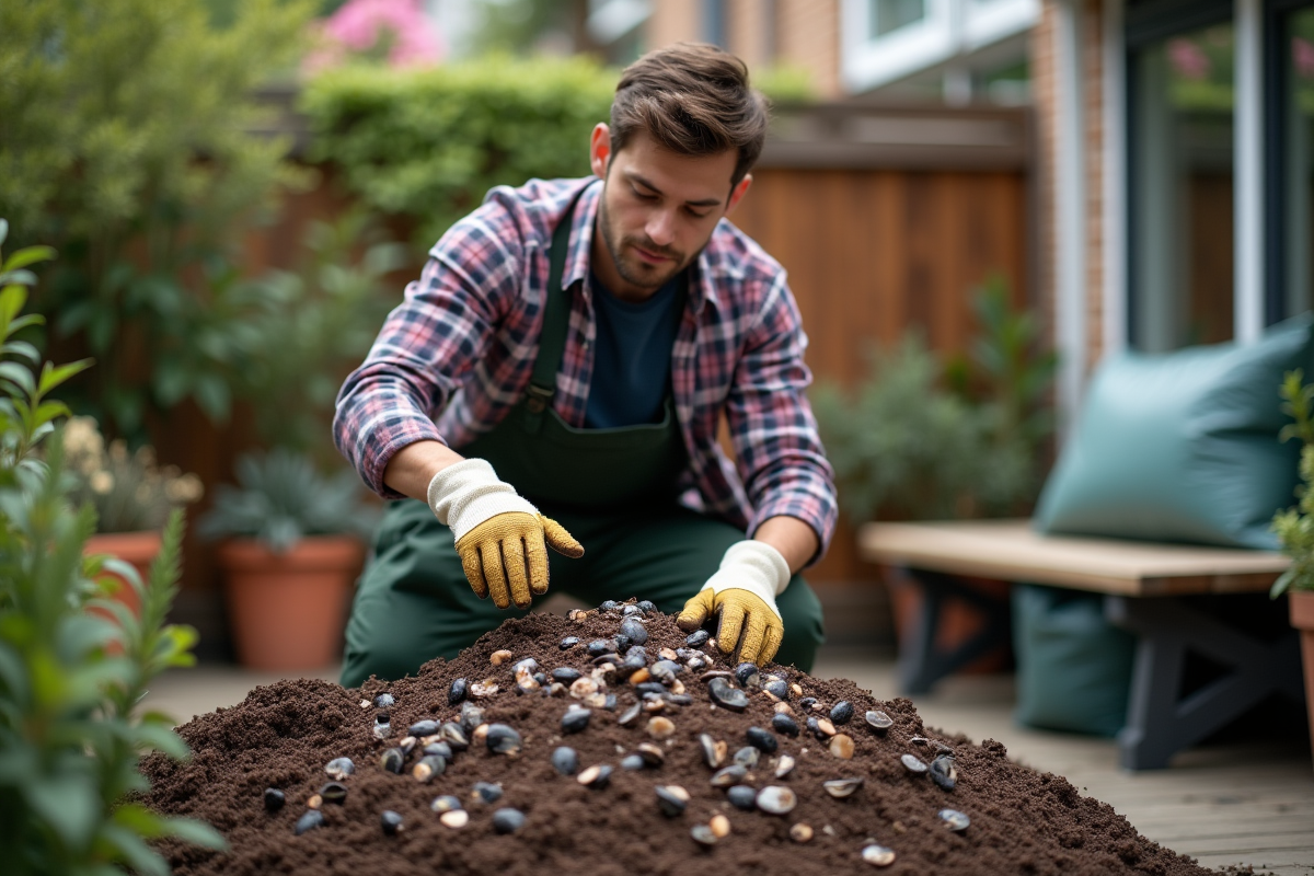 Jeune homme étalant des coquilles de moules sur compost en terrasse