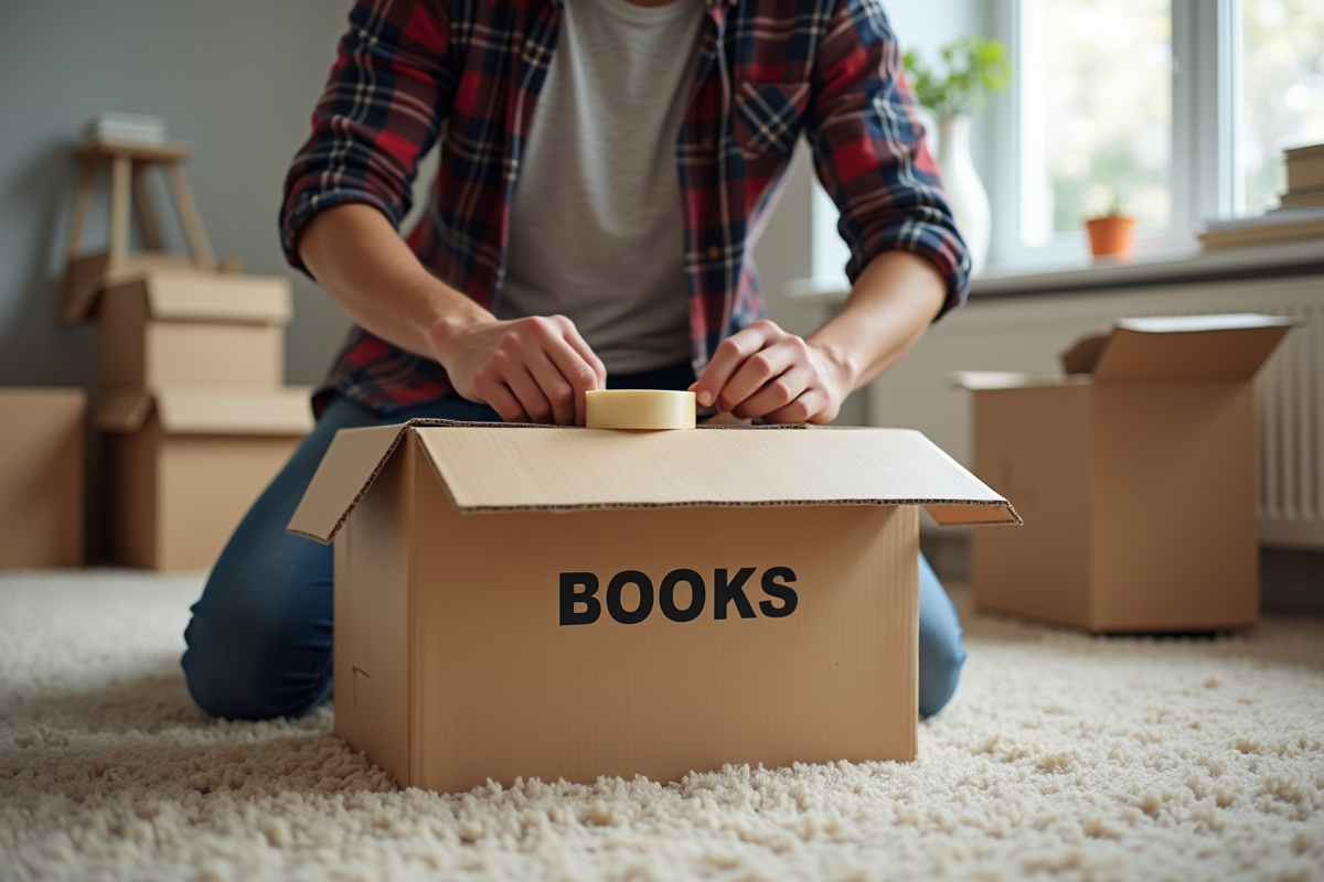 Jeune homme scellant une boîte de livres dans un appartement