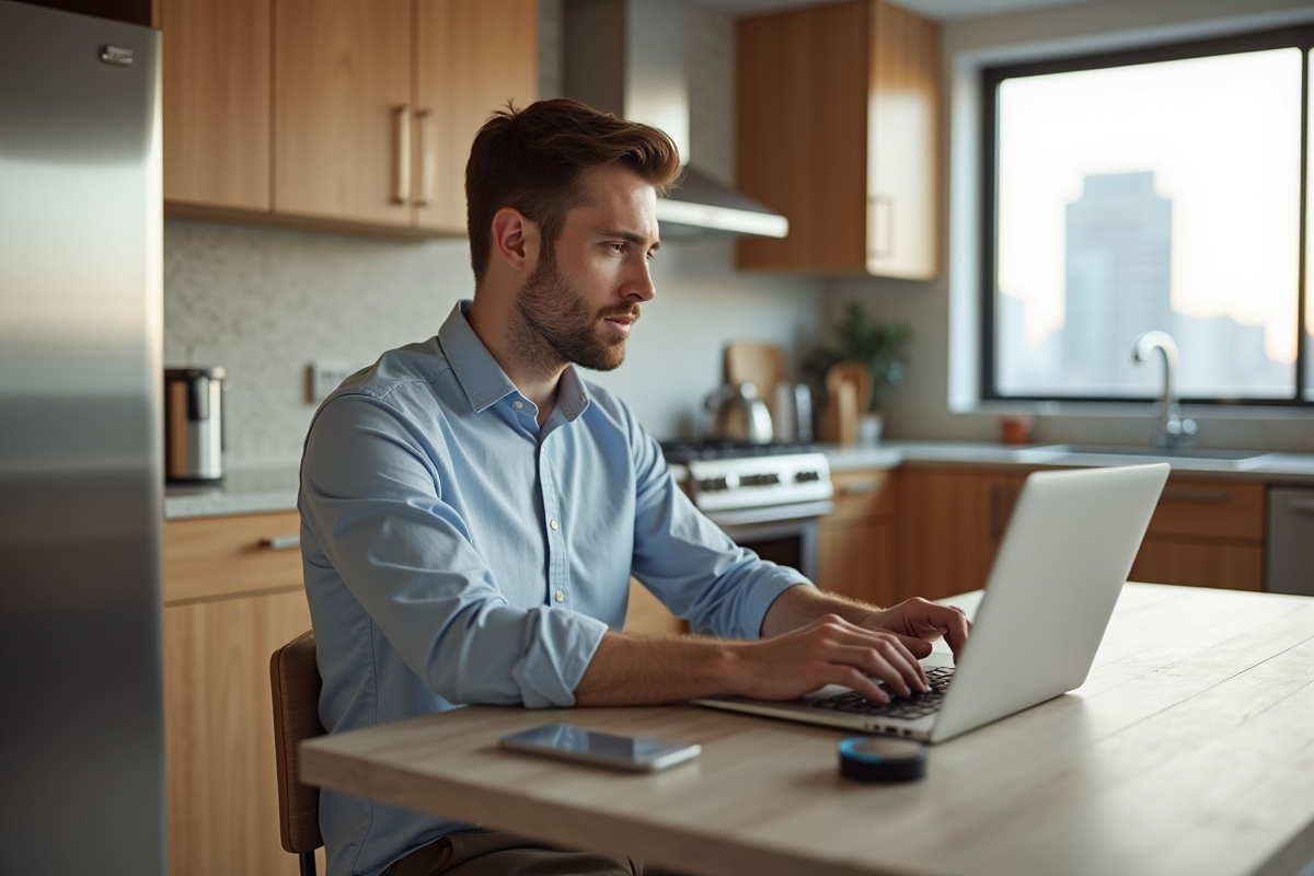 Jeune homme utilisant un ordinateur dans une cuisine lumineuse