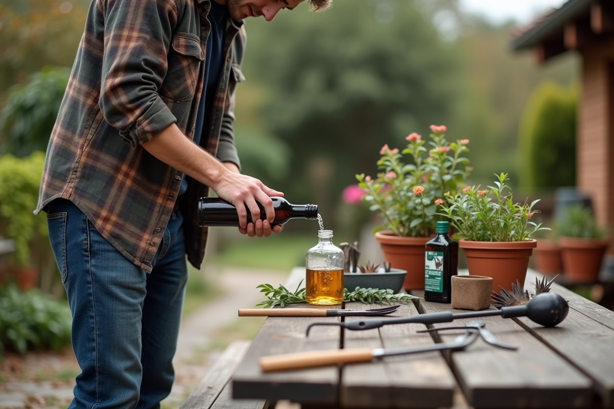 Jeune homme versant alcool dans un spray dans le jardin