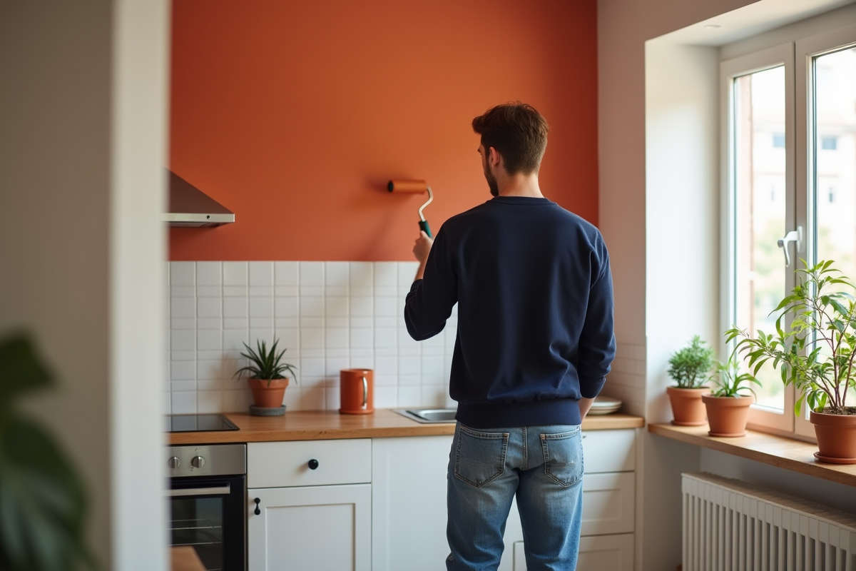 Jeune homme peignant un mur courbe dans une cuisine
