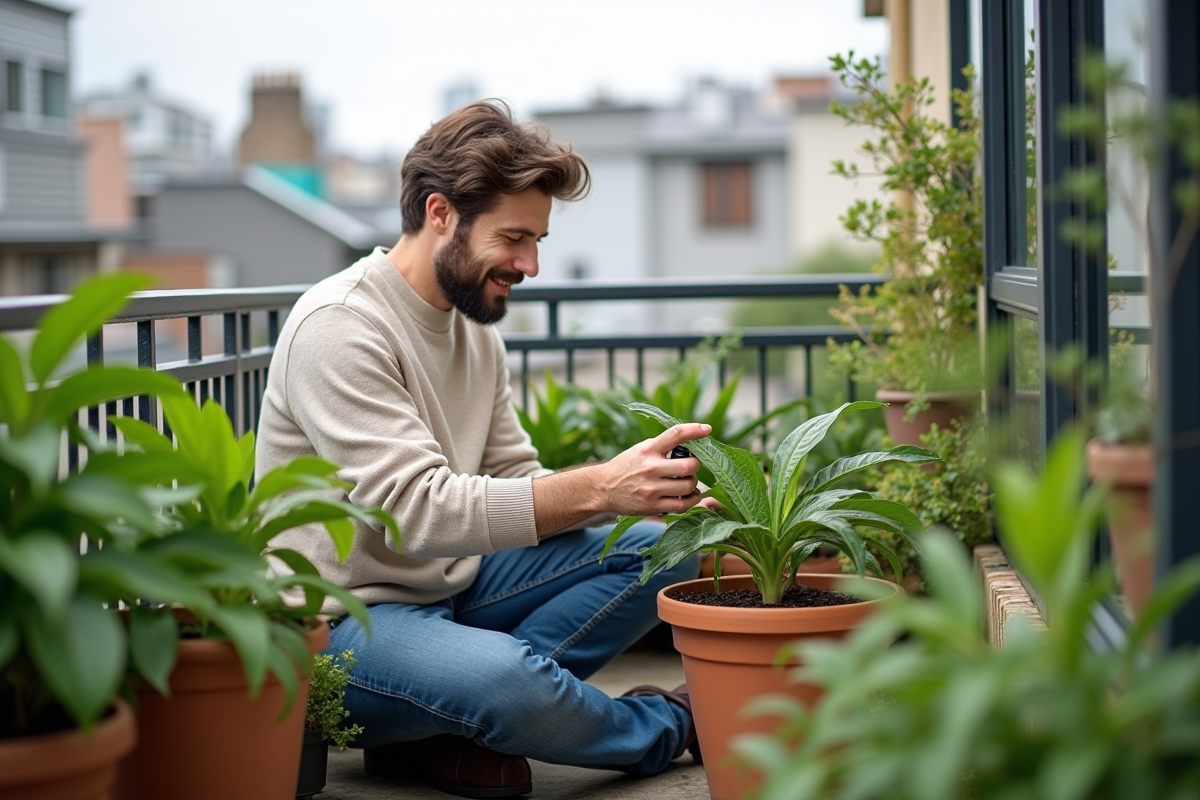 Jeune homme soignant une plante verte sur un balcon urbain