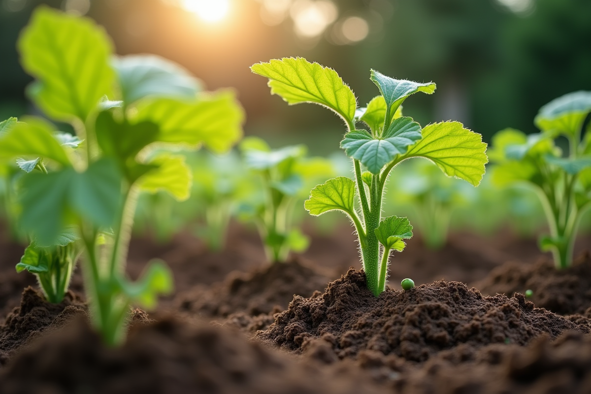 Jeunes plants de concombre poussant dans un jardin bien organisé