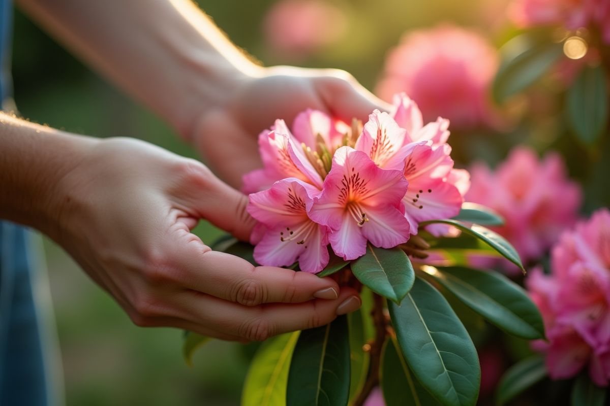 Mains de jardinier prenant un rhododendron en macro