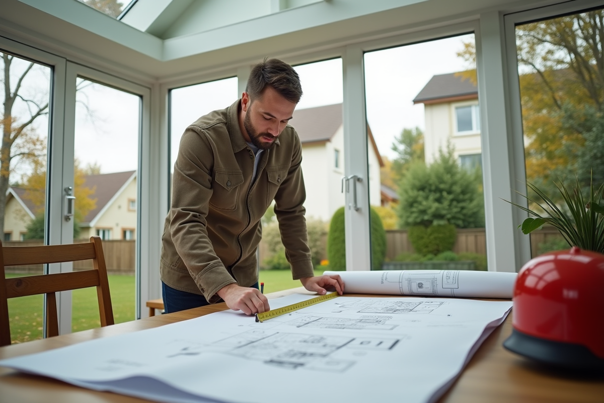 Agent immobilier mesurant une veranda lumineuse avec plans