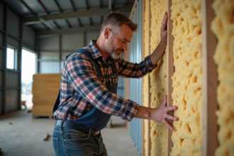 Ouvrier isolant posant des panneaux de laine mineral dans un entrepôt