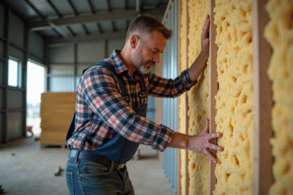 Ouvrier isolant posant des panneaux de laine mineral dans un entrepôt