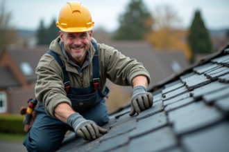 Ouvrier couvreur en action sur un toit en ardoise dans un quartier résidentiel