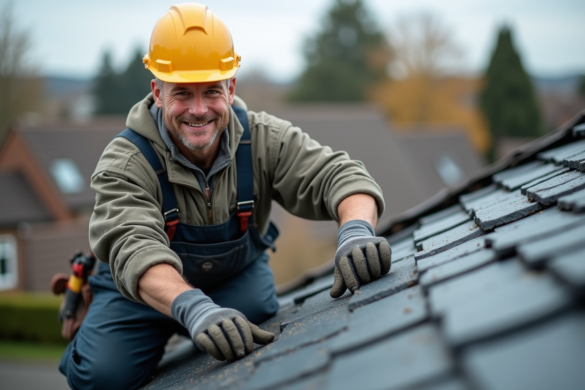 Ouvrier couvreur en action sur un toit en ardoise dans un quartier résidentiel