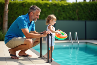 Père responsable avec sa fille près de la piscine en extérieur