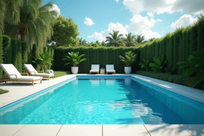 Piscine d'extérieur luxueuse entourée de plantes vertes et transat blanc