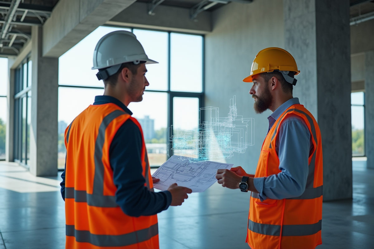 Architecte et chef de chantier consultent plans holographiques